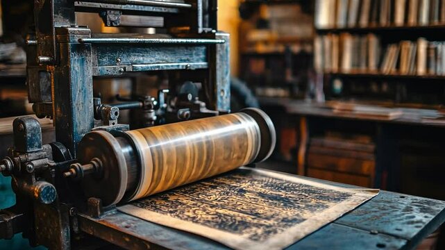 This footage showcases a vintage printing press. It highlights the intricate process of printing. Perfect for projects related to art, history, and craftsmanship. Generative AI