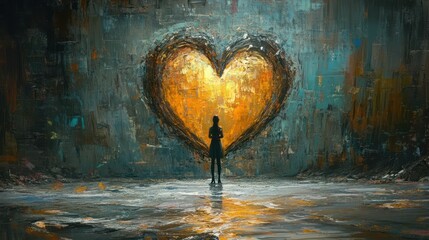 Woman Standing Before a Luminous Heart Painting