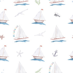 A boat with white sails, seagulls above the wave. Seamless pattern. Watercolor illustration. A sailing yacht, anchor and starfish are isolated on a white background. For marine-style decor
