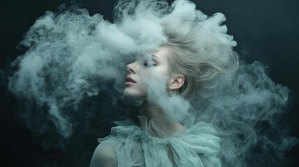 Woman surrounded by mysterious smoke on dark background.