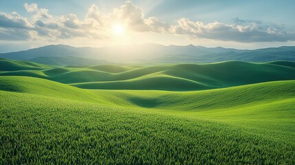 Fototapeta premium Serene Sunrise Over Green Rolling Hills with Mist and Distant Mountains Under Clear Blue Sky