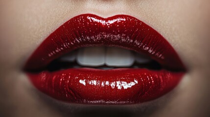 Obraz premium A close-up of full lips with glossy red lipstick