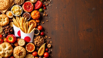 create a visually appealing image featuring a variety of popular snack foods such as fast food, junk snacks