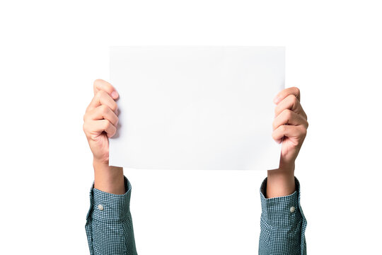 Isolated of businessman holding a white A4 sheet paper on white background for add any text concept.
