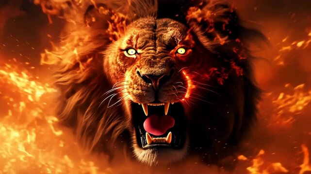 Lion Roaring Amidst a Fiery Blaze