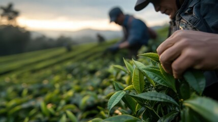 Workers harvesting fresh tea leaves at sunrise.