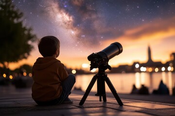 Young Boy Gazing at the Milky Way Through a Telescope