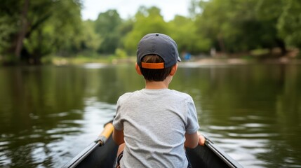 Young Boy Paddling Canoe on Calm River