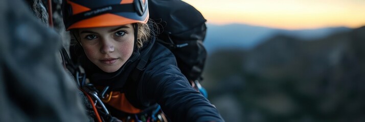 Young Climber Ascending Rock Face at Sunset