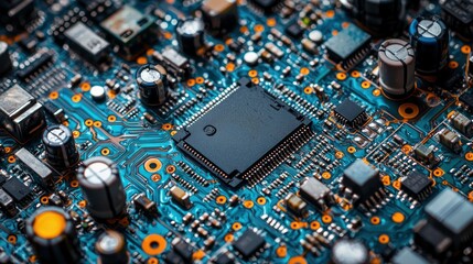 A close-up of a circuit board with electronic components and capacitors.