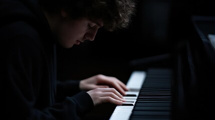 Young musician playing the piano with focus and emotion