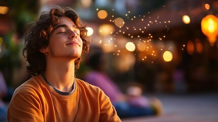 Young Man Meditating with Bokeh Lights