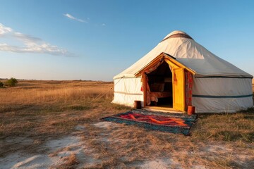 Yurt in a Field at Sunset