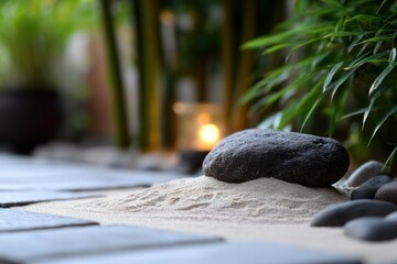 Zen Garden: Rock on Sand with Bamboo and Candle