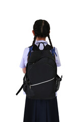 Back view of Asian student girl in school uniform with carrying backpack bag isolated on white background. Rear view schoolgirl.