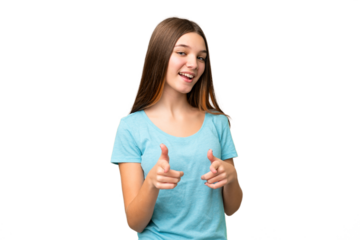 Teenager girl over isolated chroma key background pointing to the front and smiling