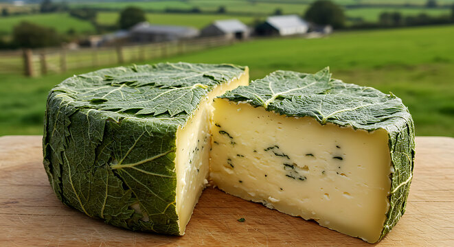 English Cornish Yarg. Nettle-wrapped wedge - visible leaf imprint on semi-hard cheese 