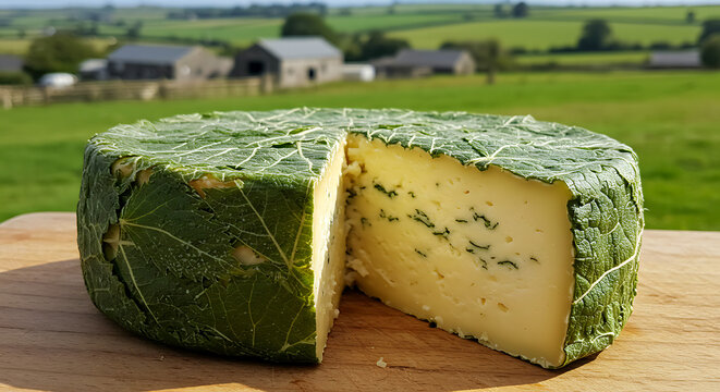 English Cornish Yarg. Nettle-wrapped wedge - visible leaf imprint on semi-hard cheese 