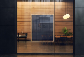 Business black signage mockup on glass facade of elegant building, blank logo space on modern palace architecture