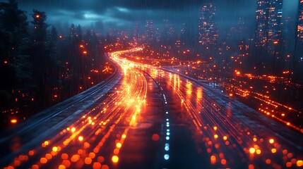 Fototapeta premium Road illuminated at night with city lights
