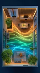 Scent-based therapy using natural essential oils and botanicals, Stylish modern workspace with vibrant lighting and plants. Designed for holistic wellness with scent-based therapy practices