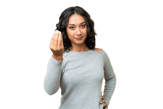 Young Argentinian woman over isolated background making Italian gesture