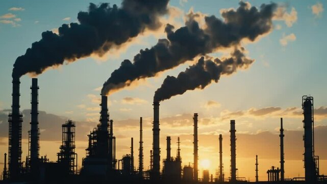 Industrial refinery with smokestacks and pipes silhouetted against a dramatic sunset sky. 4k video