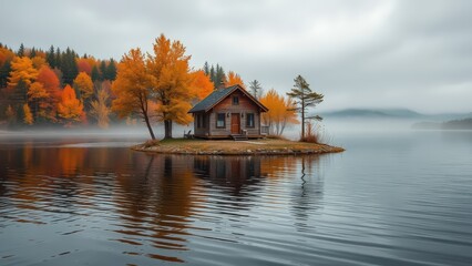Cozy cabin on a small island in a tranquil lake, surrounded by vibrant fall trees