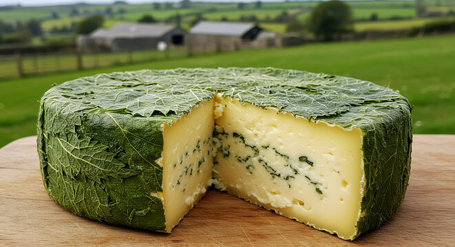 English Cornish Yarg. Nettle-wrapped wedge - visible leaf imprint on semi-hard cheese 