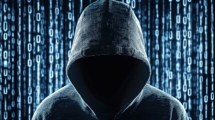 A hooded figure standing in front of a digital binary code background. The figure is wearing a dark hoodie and is partially obscured by the code.