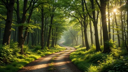 Fototapeta premium Serene Forest Path with Sunlight Filtering Through Trees
