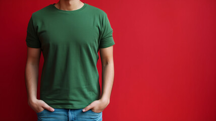 Close-up of man wearing plain green t-shirt against vibrant red background - mockup