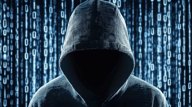 A hooded figure standing in front of a digital binary code background. The figure is wearing a dark hoodie and is partially obscured by the code.