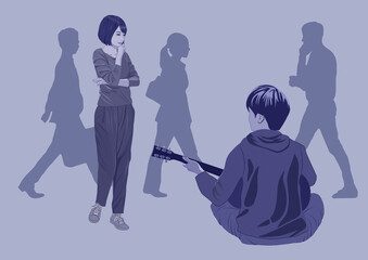 路上でギターを弾く男性後ろ姿イラスト