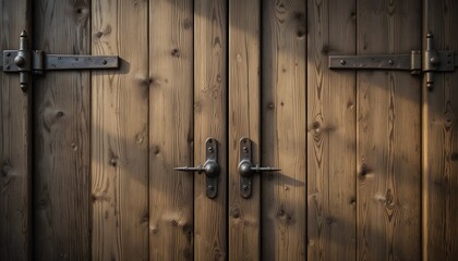 Rustic wooden door with metal hinges textured surface