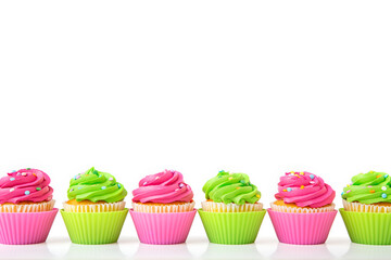 Colorful iced cupcakes arranged in row on white background