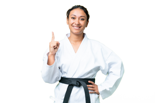 Young Uruguayan woman doing karate over isolated chroma key background pointing up a great idea - Powered by Adobe