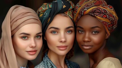 Diverse group of beautiful women wearing colorful headwraps, multicultural female portrait with natural makeup and serene expressions