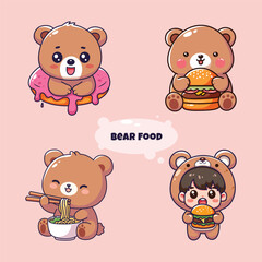 Set of cute cartoon bear character with different food. Vector illustration.