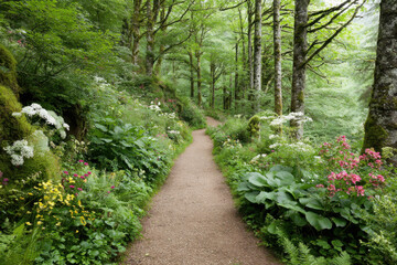 serene pathway winding through lush forest adorned with colorful flowers on either side