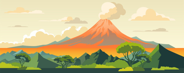 Smoking volcano on the background of beautiful nature. Vector illustration of an active volcano. Mountain landscape with trees, fields and hills on the background of a smoking volcano and clouds.  © LoveSan