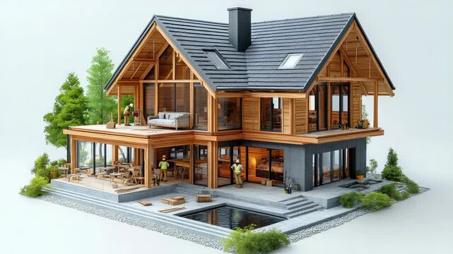 Wooden house under construction with a swimming pool
