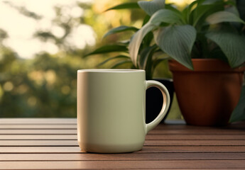 Green Cup Mockup Template on a Wooden Table