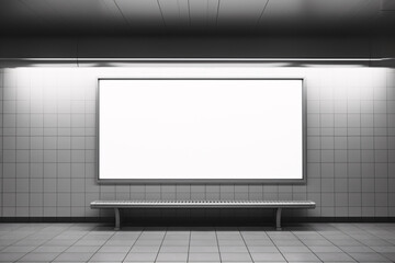 Modern illuminated billboard in subway station with blank mockup space, contemporary underground advertising display
