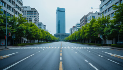 Wide empty urban street flanked by modern buildings and lined with green trees leading to a tall skyscraper