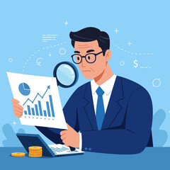 Fototapeta premium Businessman analyzing financial data with magnifying glass laptop and coins illustration