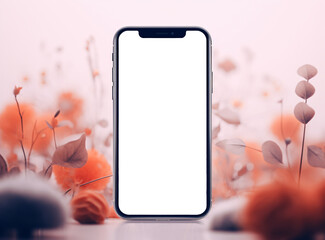 Modern smartphone with blank white screen on floral background