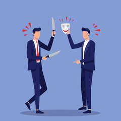 Business betrayal and deception concept with man holding knives and a mask