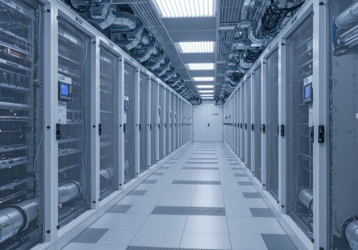 Inside a Modern Data Center Cold Aisle Chilled Air and Server Racks