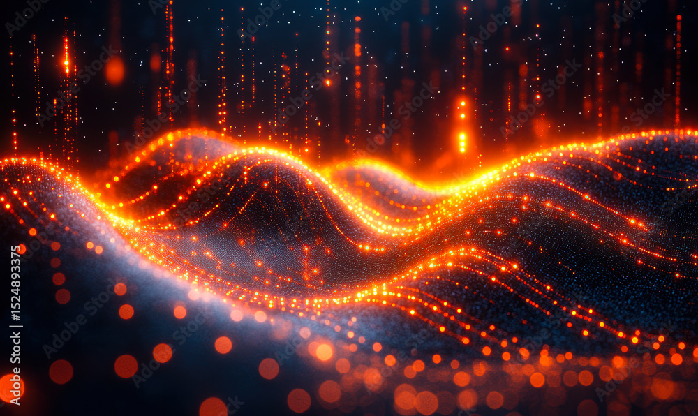 Poster abstract digital data wave landscape with glowing orange particles and flowing points creating futur